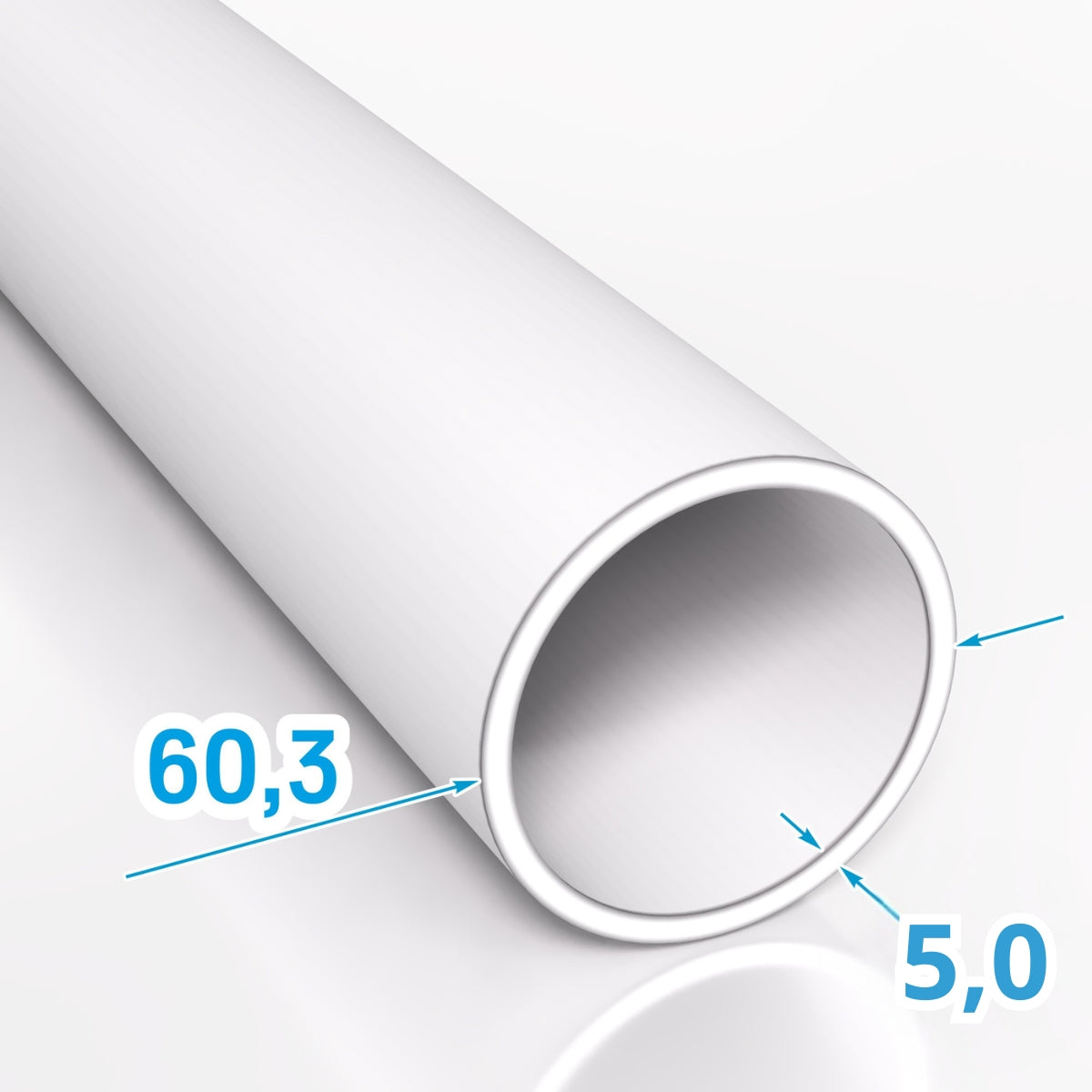 Rura stalowa bezszwowa o średnicy zewnętrznej 60,3 mm i grubości ścianki 5,0 mm przedstawiona na białym tle z zaznaczonymi wymiarami
