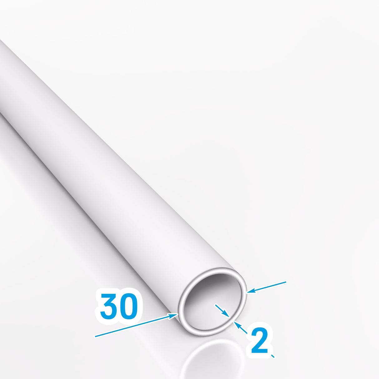 Aluminiowa rura PA38 EN AW-6060 T66 o średnicy zewnętrznej 30 mm i grubości ścianki 2 mm grafika techniczna przedstawiająca rysunek rury z wymiarami na białym tle