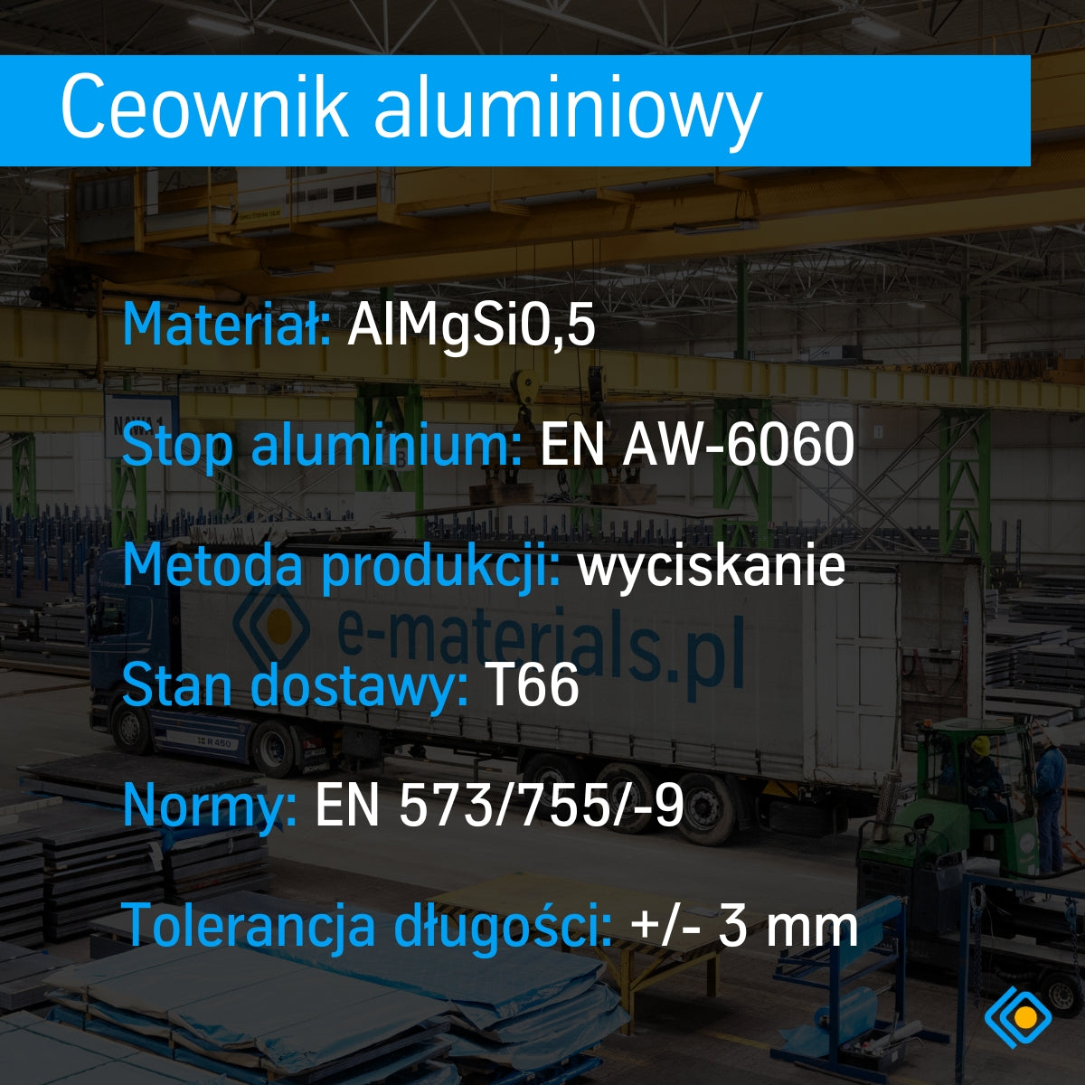 Grafika z właściwościami ceownika aluminiowego EN AW-6060: materiał AlMgSi0,5, stan T66, wyciskany, normy EN 573/755, tolerancja długości +/-3 mm
