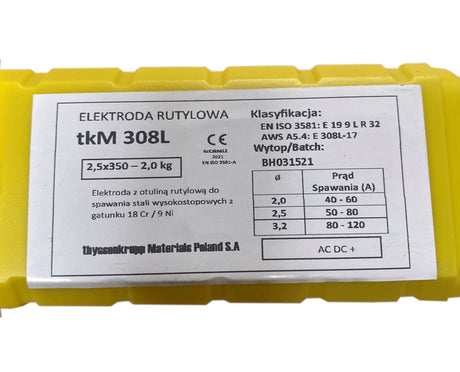 Etykieta techniczna elektrod INOX 308L – średnica 2,0 mm, paczka 1,5 kg