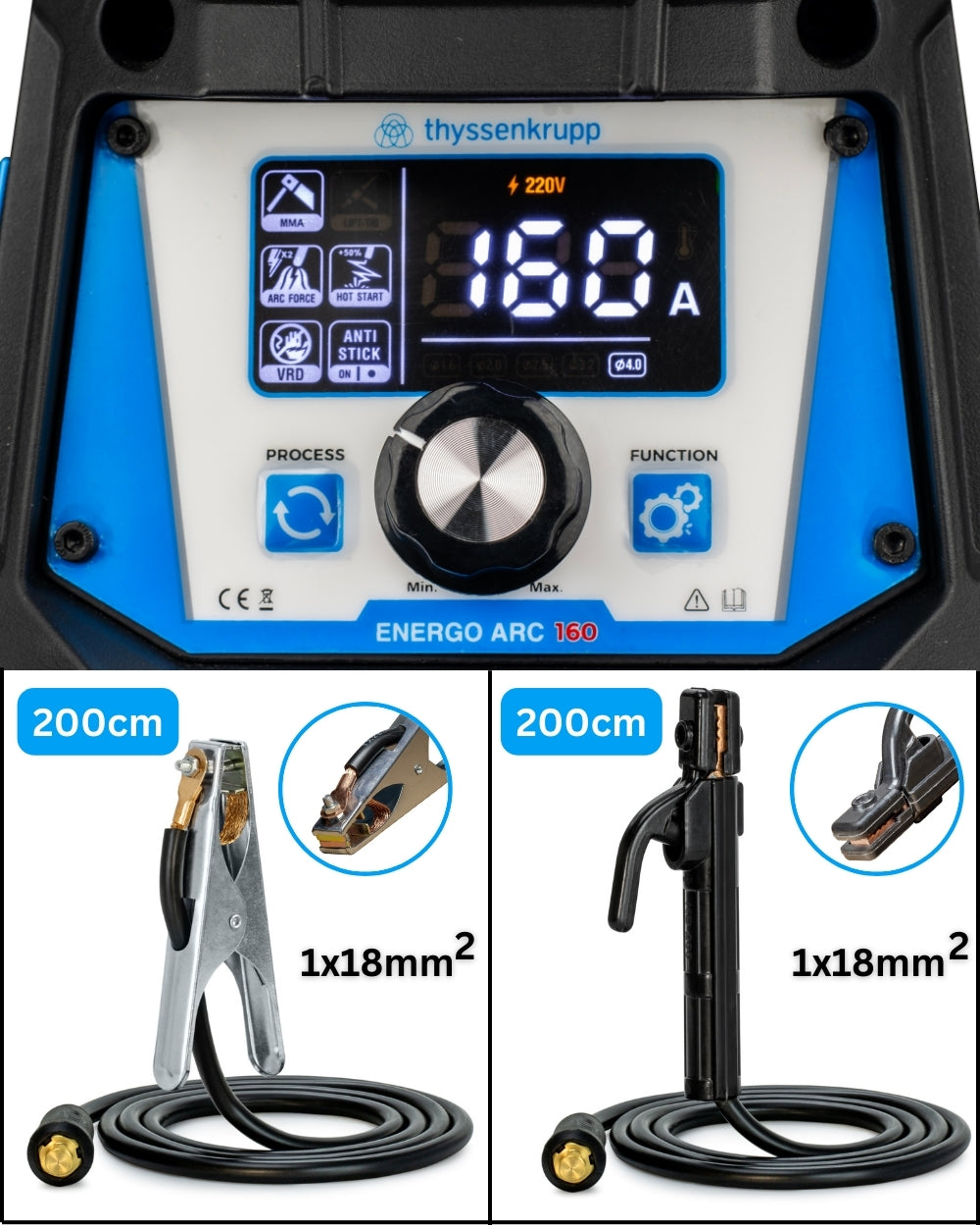 Panel sterujący spawarki ENERGO ARC 160 oraz przewód masowy i uchwyt elektrody 200 cm – przekrój 1×18 mm²