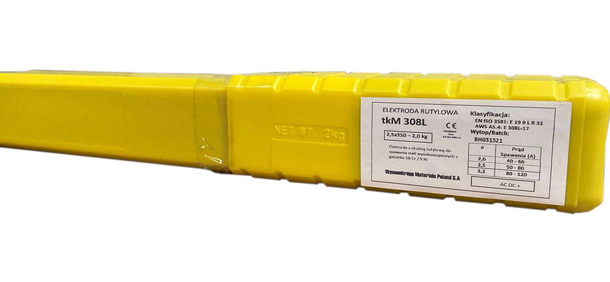 Elektrody INOX 308L 2,0 mm – boczny widok żółtego opakowania 1,5 kg