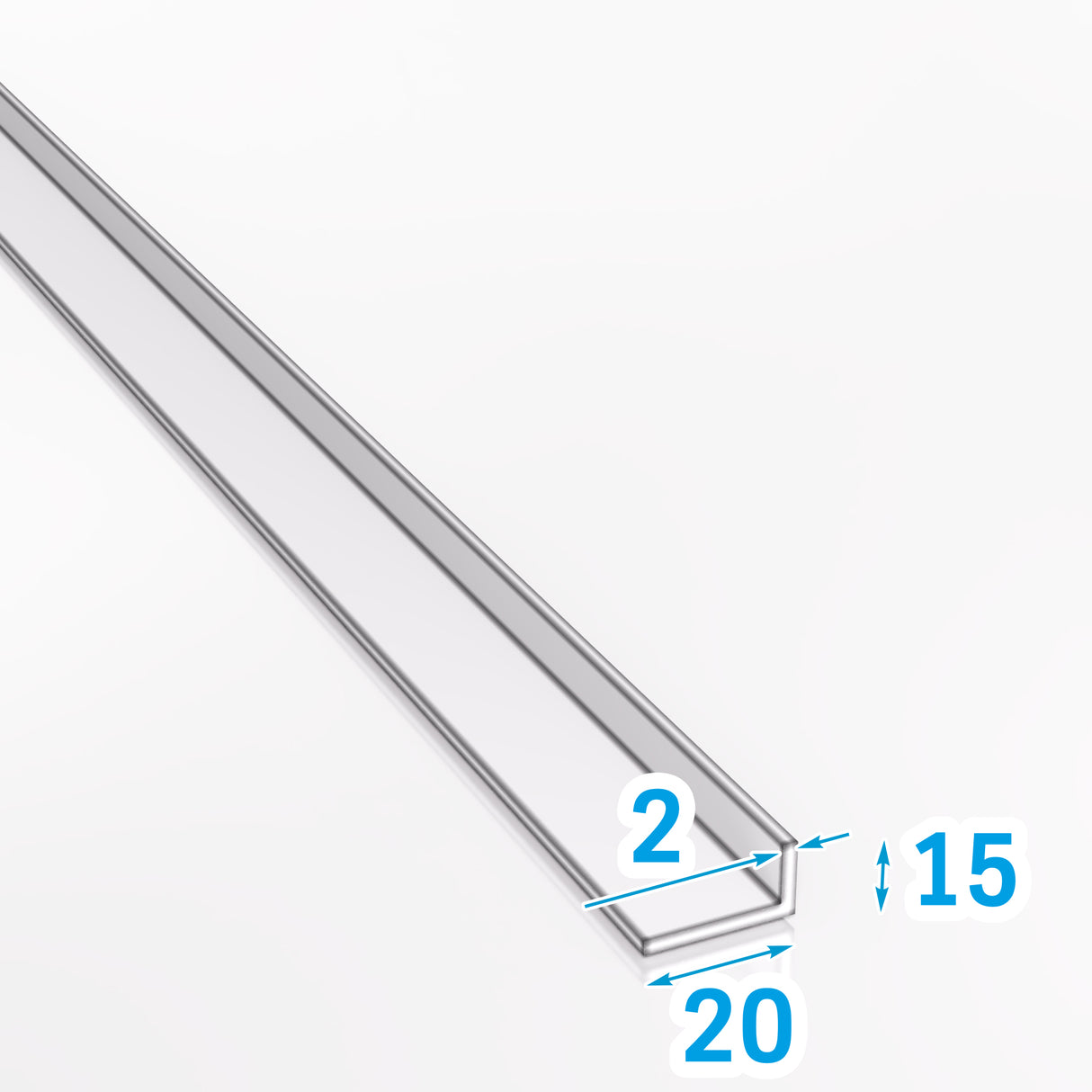 Kątownik aluminiowy 20x15x2 mm PA38 EN AW-6060 z wizualizacją wymiarów technicznych