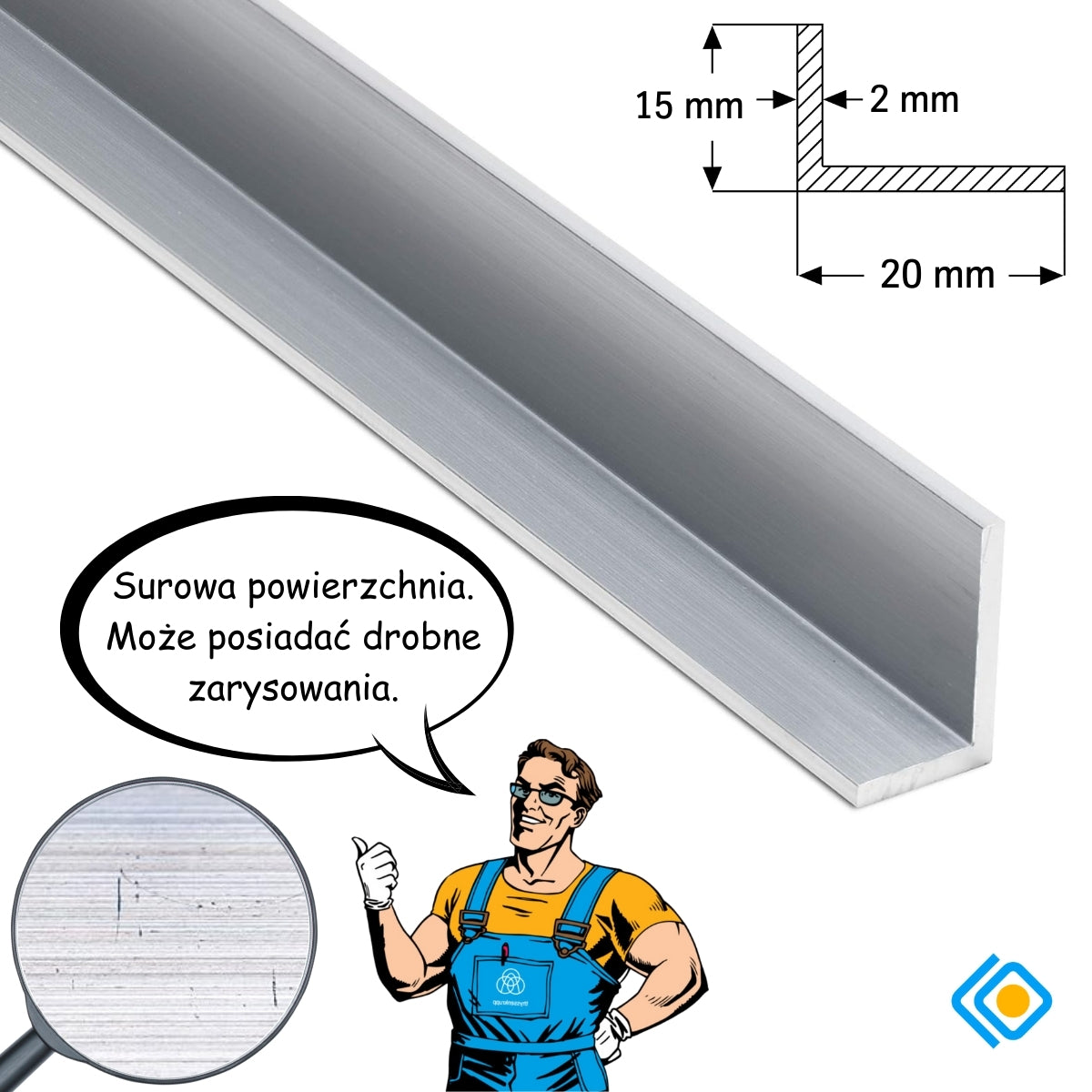 Kątownik aluminiowy 20x15x2 mm PA38 EN AW-6060 z rysunkiem technicznym i informacją o możliwych drobnych zarysowaniach powierzchni
