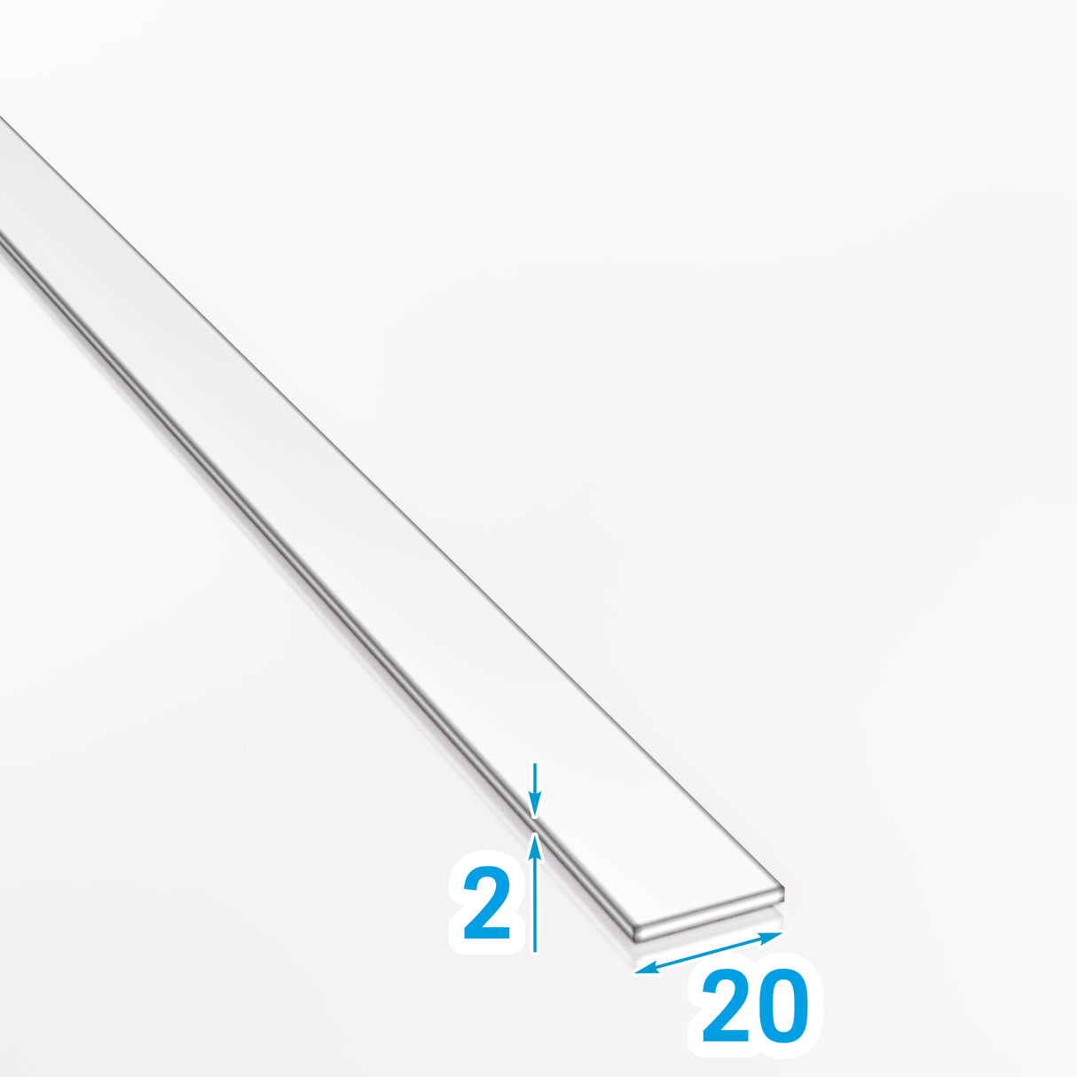 Płaskownik aluminiowy 20x2 mm – rzut z wymiarami szerokości i grubości aluminium PA38 EN AW-6060 T66