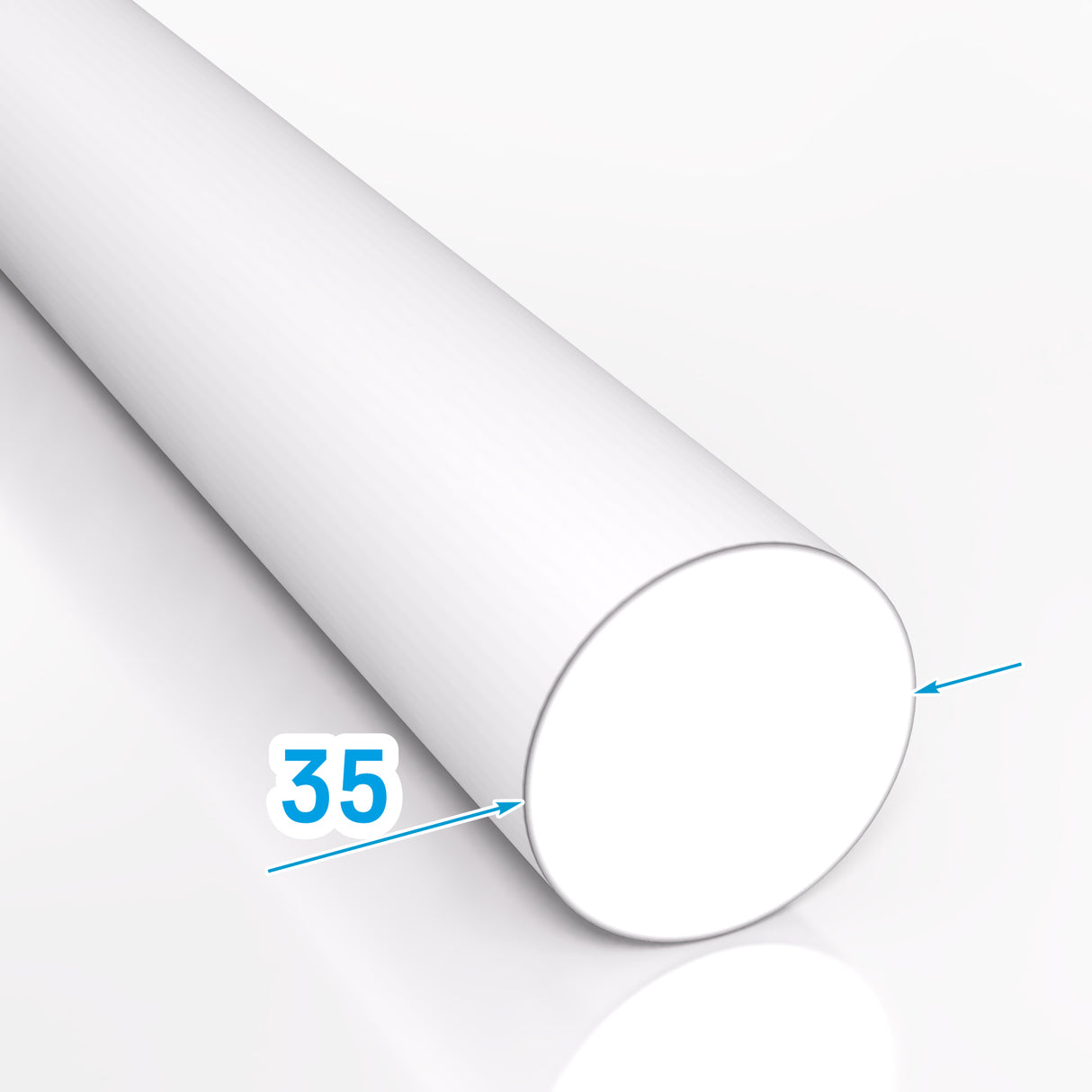 Wizualizacja białego pręta stalowego okrągłego z oznaczeniem średnicy 35 mm