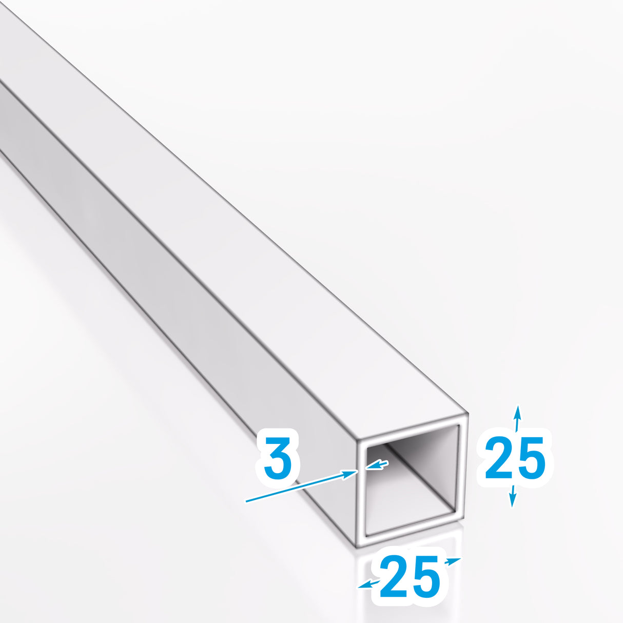 Profil zamknięty z aluminium 25x25x3 mm – grafika z oznaczeniem wymiarów i grubości ścianki EN AW-6060 T66