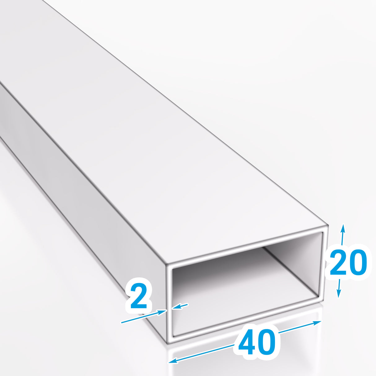 Biały rysunek techniczny przedstawiający profil aluminiowy 40×20 mm z grubością ścianki 2 mm i opisem wymiarów