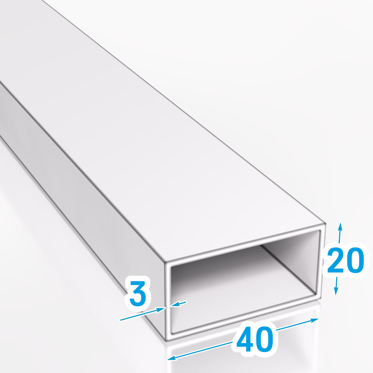 Biały rysunek techniczny przedstawiający profil aluminiowy 40×20 mm z grubością ścianki 3 mm i opisem wymiarów