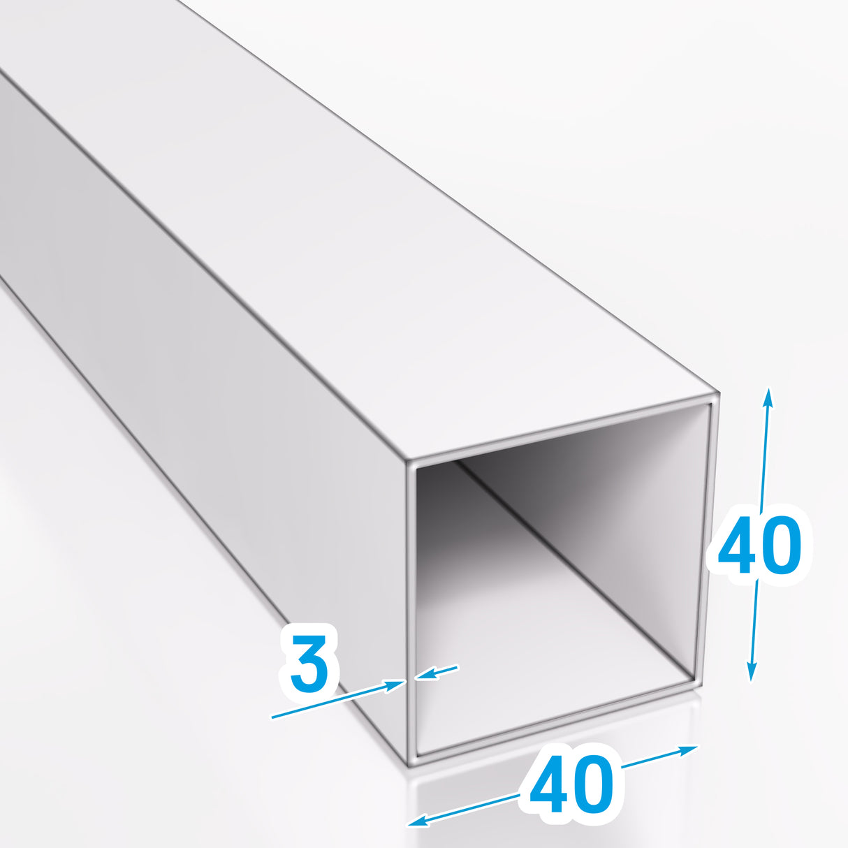 Profil aluminiowy kwadratowy o wymiarach 40×40 mm i grubości ścianki 3 mm z zaznaczonymi wymiarami