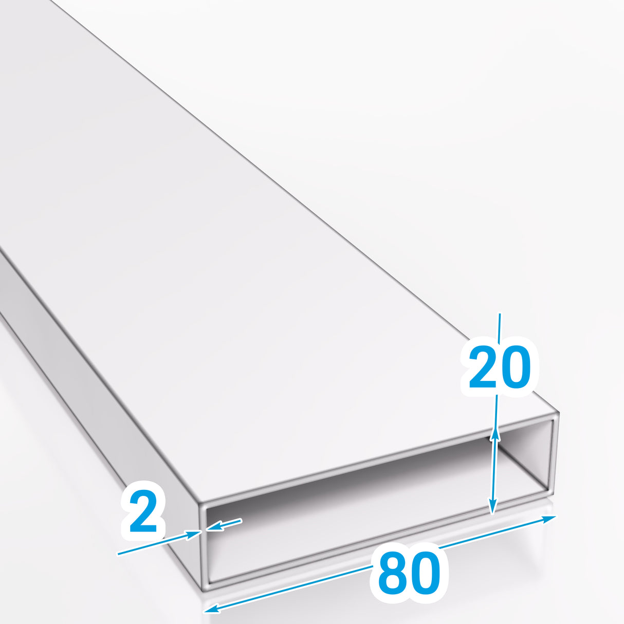 Profil aluminiowy zamknięty o przekroju prostokątnym i wymiarach 80x20 mm grubość ścianki 2 mm wykonany ze stopu PA38 EN AW-6060 T66 grafika techniczna z zaznaczonymi na niebiesko wymiarami zewnętrznymi i grubością ścianki profil przedstawiony w ujęciu perspektywicznym na białym tle