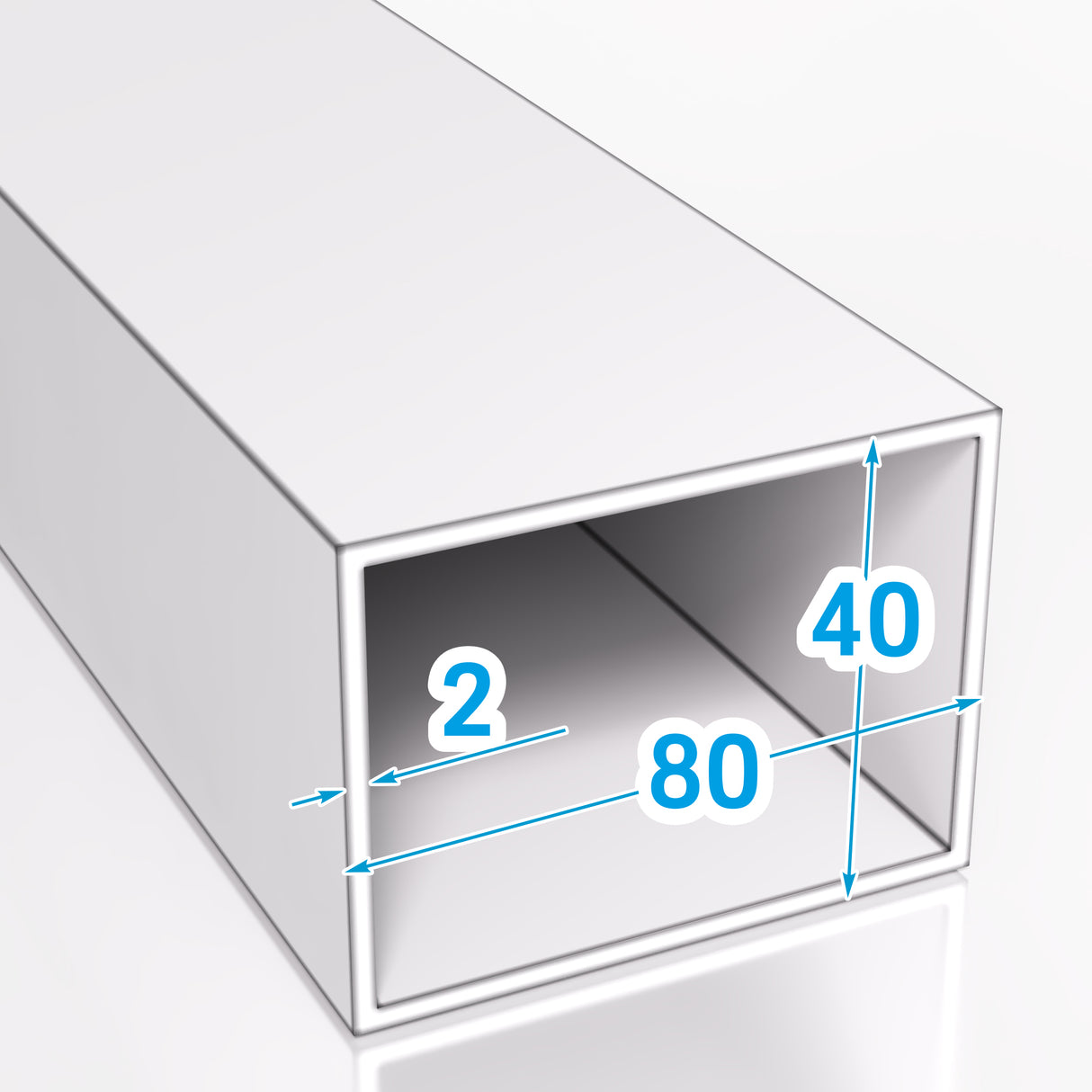 Profil aluminiowy zamknięty o przekroju prostokątnym 80x40 mm i grubości ścianki 2 mm wykonany ze stopu aluminium PA38 EN AW-6060 T66 na wizualizacji technicznej widoczne są oznaczenia wymiarów w kolorze niebieskim na jasnym tle