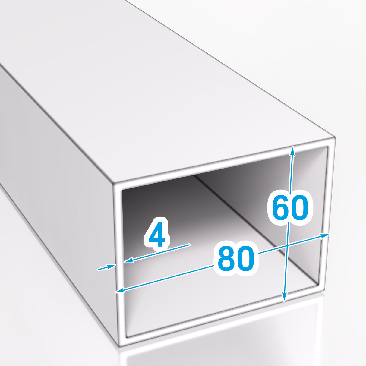Wizualizacja profilu aluminiowego zamkniętego o przekroju prostokątnym 80x60 mm i grubości ścianki 4 mm wykonana w stylu technicznym grafika przedstawia dokładne oznaczenia wymiarów zewnętrznych oraz grubości ścianki z zaznaczonymi niebieskimi strzałkami i cyframi