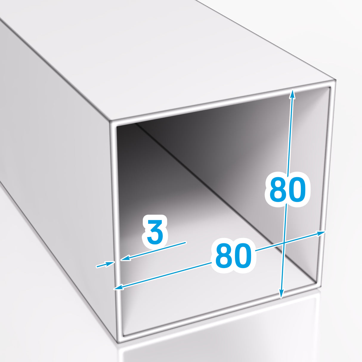 Rysunek techniczny profilu aluminiowego zamkniętego o przekroju kwadratowym 80x80 mm i grubości ścianki 3 mm wykonanego ze stopu EN AW-6060 T66 widoczne oznaczenia wymiarów zaznaczone niebieskimi strzałkami i cyframi