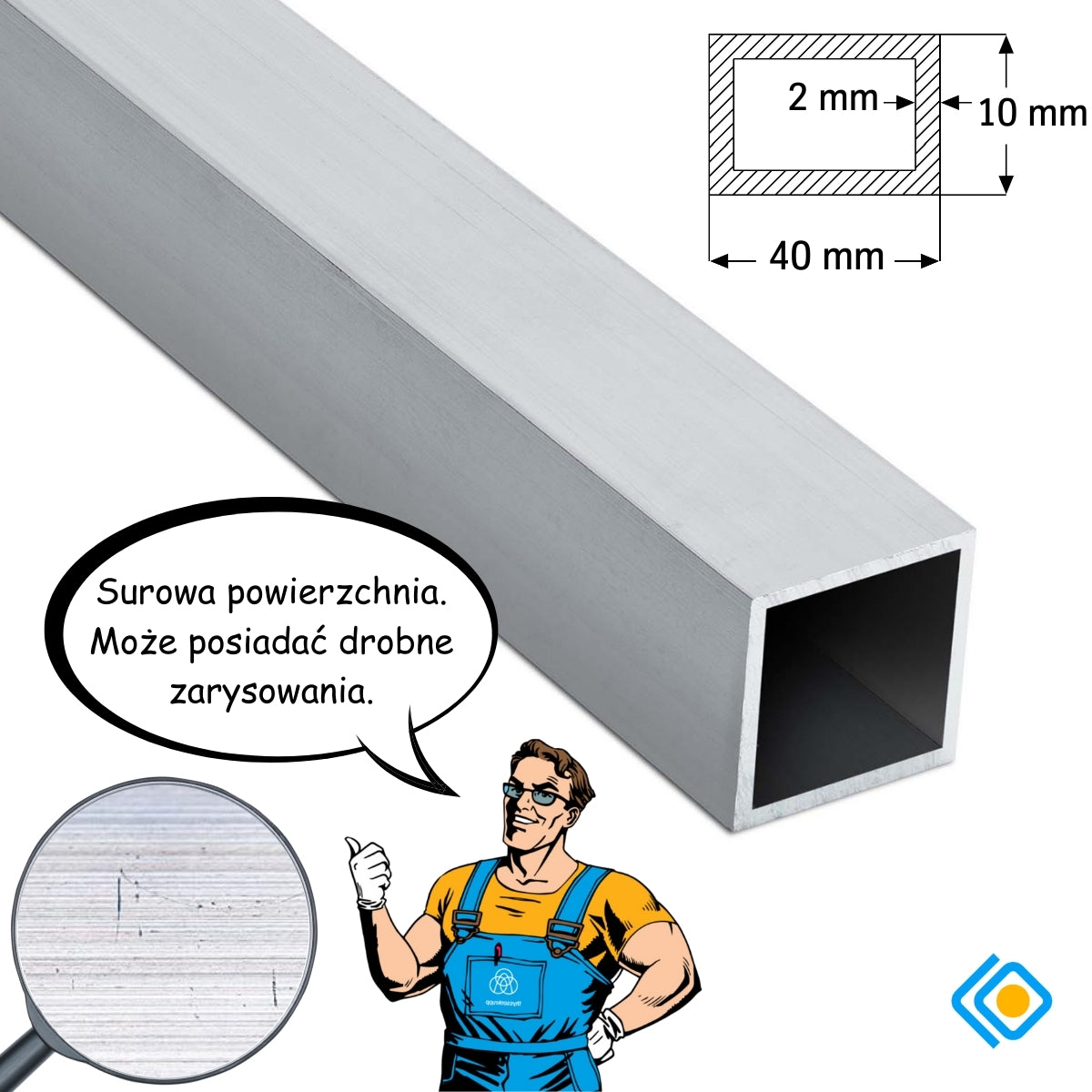 Profil aluminiowy prostokątny 40x10x2 mm z surową powierzchnią, widoczne rysunki techniczne i struktura aluminium