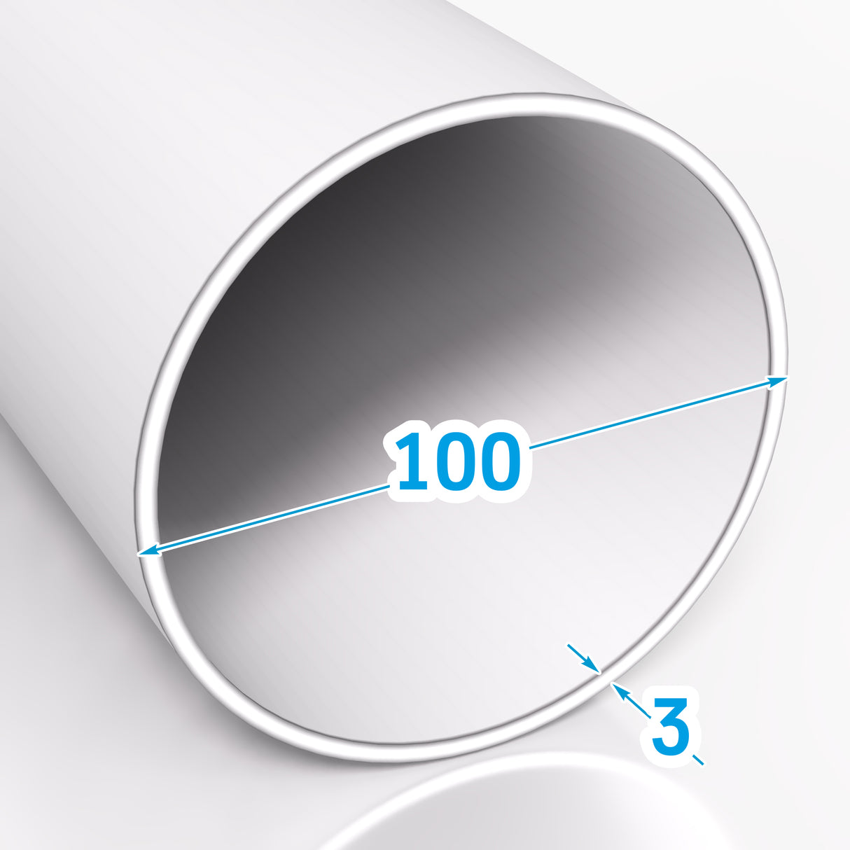 Rysunek techniczny rury aluminiowej o średnicy zewnętrznej 100 mm i grubości ścianki 3 mm wykonanej ze stopu EN AW 6060 T66 widoczne oznaczenia wymiarów z niebieskimi strzałkami i liczbami
