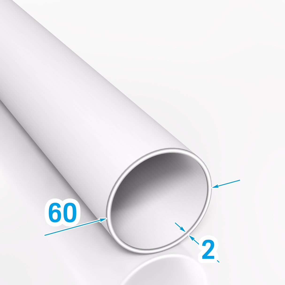 Rura aluminiowa o średnicy zewnętrznej 60 mm i grubości ścianki 2 mm wykonana ze stopu PA38 (EN AW-6060 T66) przedstawiona na jasnym tle z oznaczeniem wymiarów technicznych