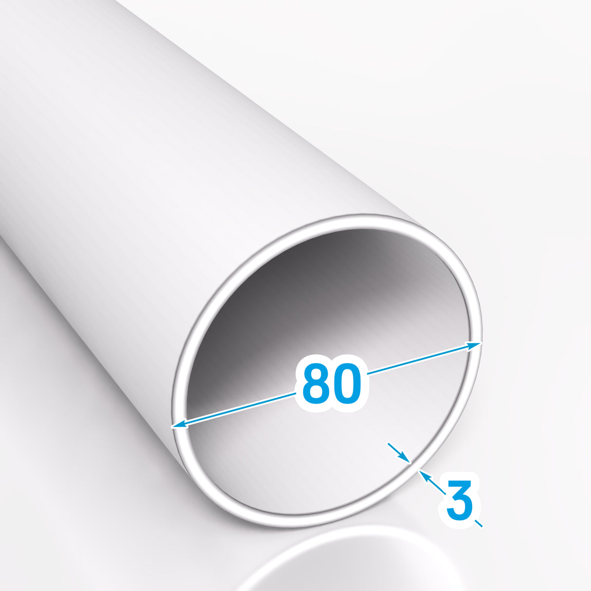 Rura aluminiowa o średnicy zewnętrznej 80 mm i grubości ścianki 3 mm wykonana ze stopu PA38 (EN AW-6060 T66) przedstawiona na jasnym tle z graficznie oznaczonymi wymiarami technicznymi