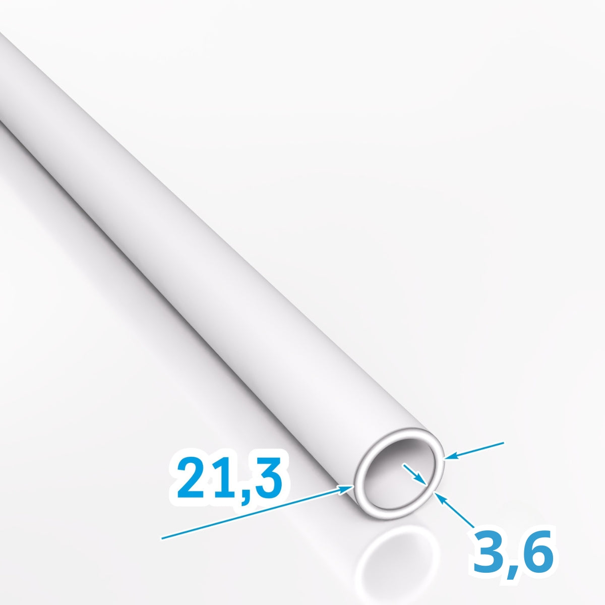 Biała wizualizacja rury stalowej bezszwowej z oznaczeniem średnicy zewnętrznej 21,3 mm i grubości ścianki 3,6 mm.
