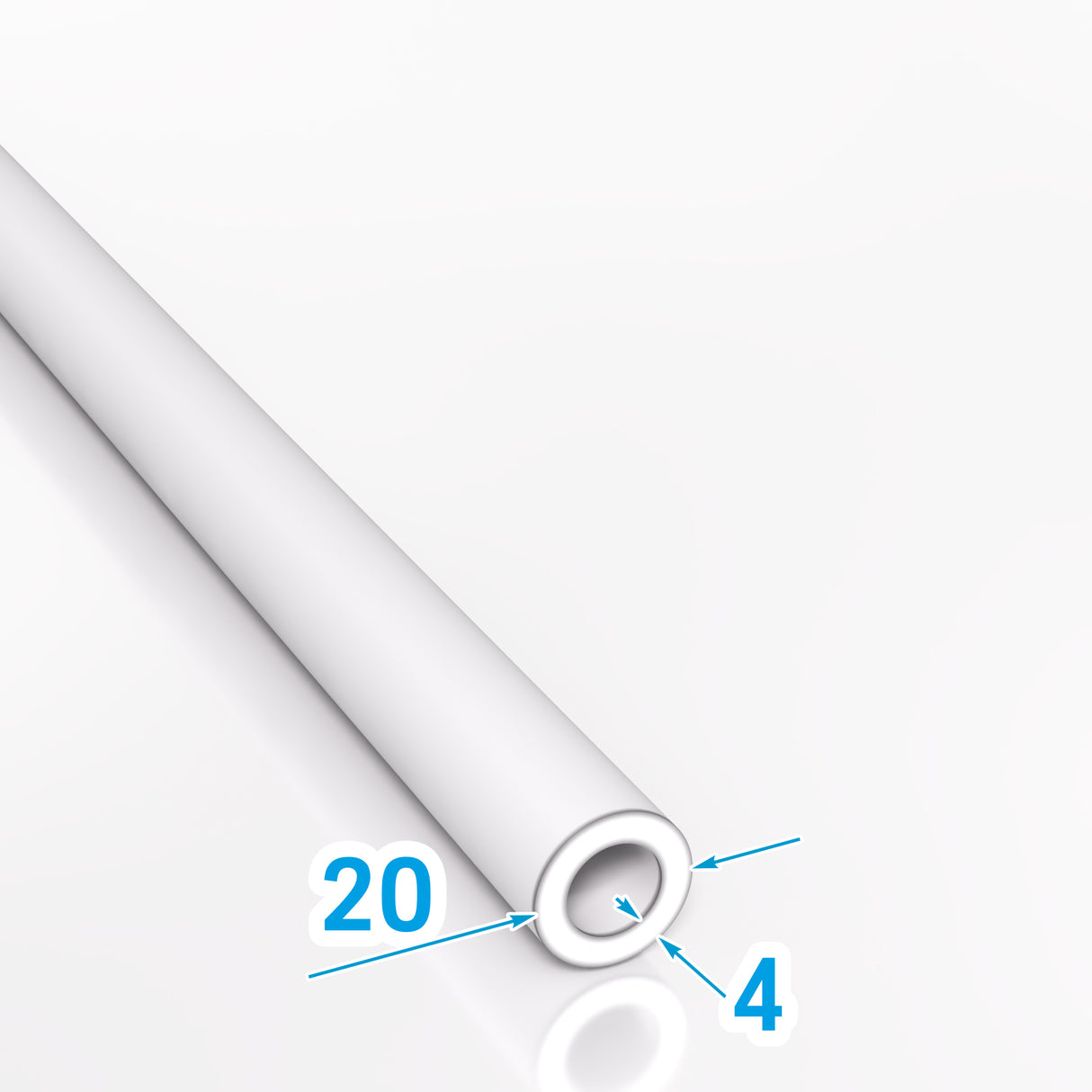 wizualizacja rury stalowej precyzyjnej bezszwowej o średnicy zewnętrznej 20 mm i grubości ścianki 4 mm, przedstawiona na jasnym tle z zaznaczonymi wymiarami