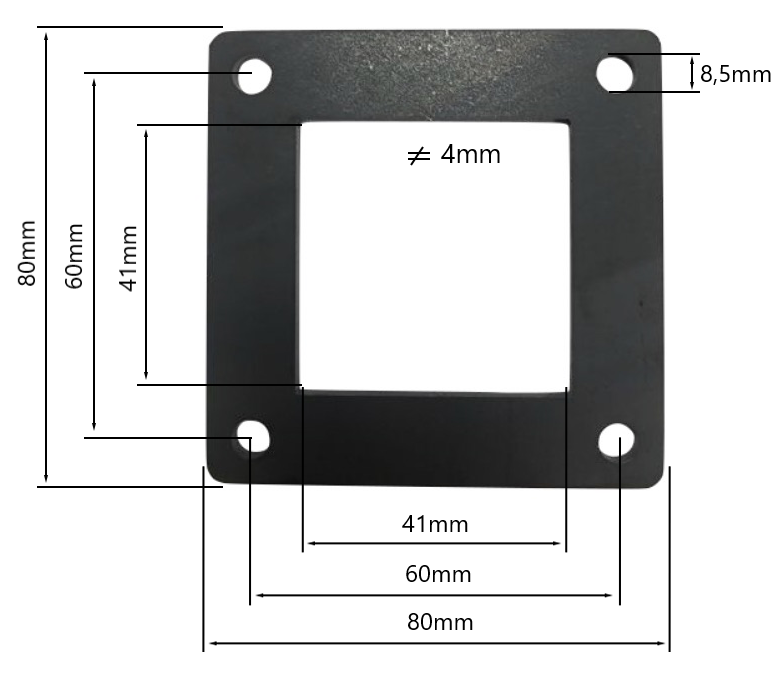 Rysunek techniczny stalowej marki montażowej 40×40 mm z oznaczonymi wymiarami otworów i przestrzeni montażowej