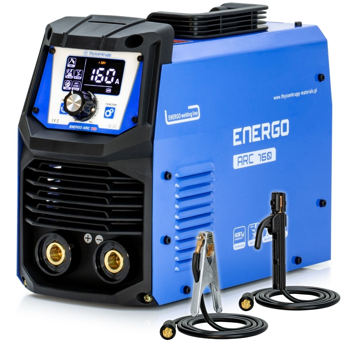 Spawarka inwertorowa ENEGOarc 160A – widok z przodu z przewodami