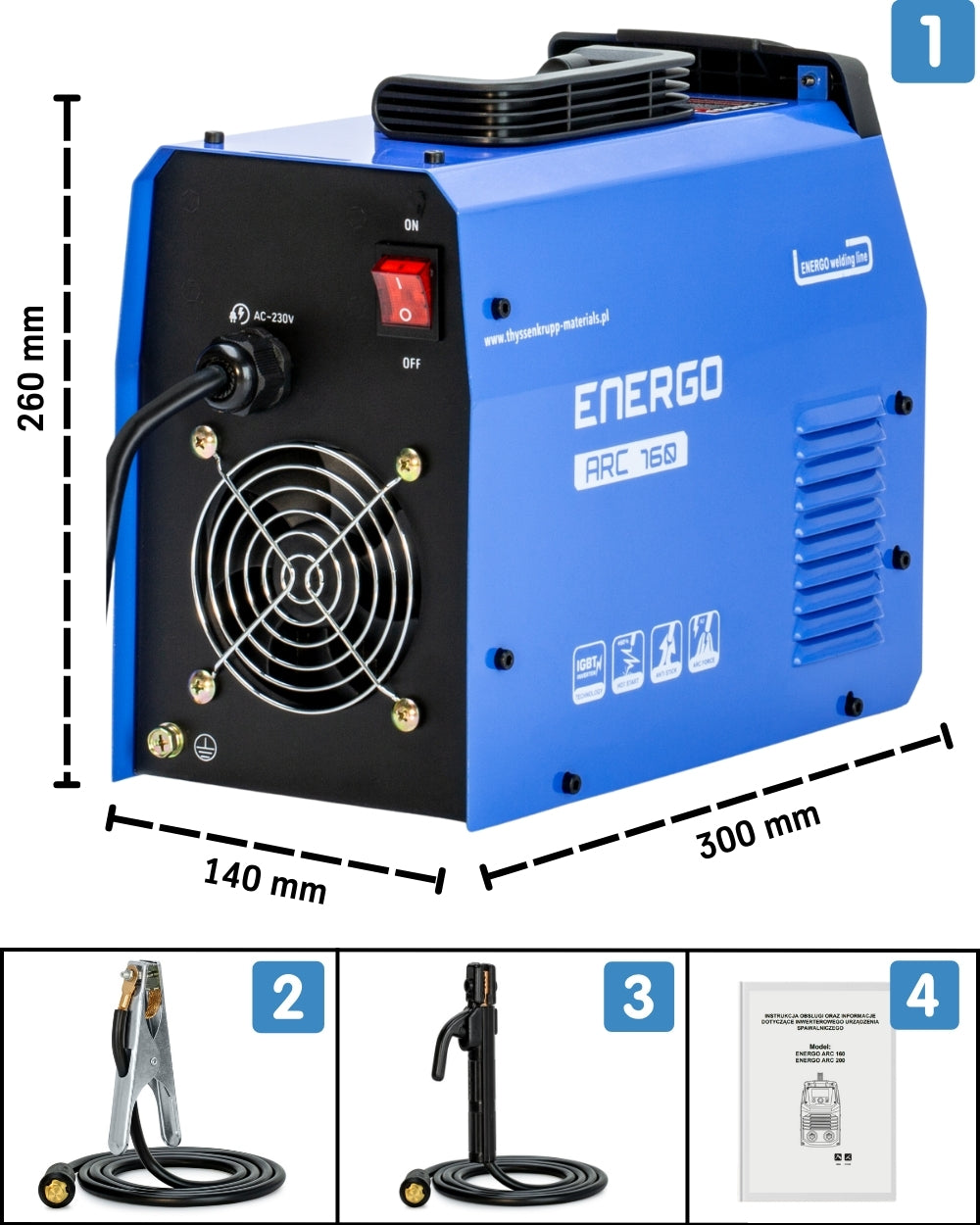 Spawarka MMA ENEGOarc 160A z kompletem akcesoriów i przewodami