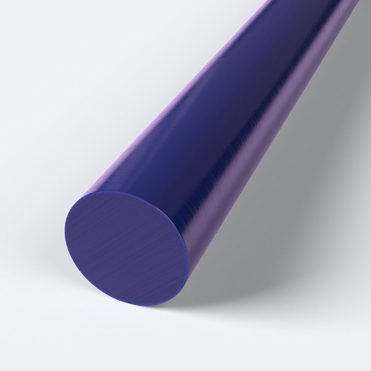 Pręt z tworzywa sztucznego POM-C w kolorze niebieskim o gładkiej i błyszczącej powierzchni oraz okrągłym przekroju przedstawiony na jasnym tle