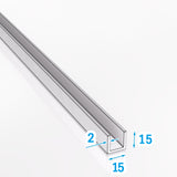 Ceownik aluminiowy 15x15x2 mm z zaznaczonymi wymiarami – PA38 EN AW-6060 T66