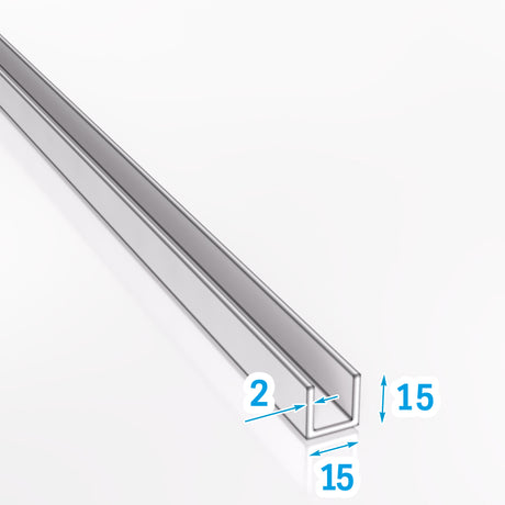 Ceownik aluminiowy 15x15x2 mm z zaznaczonymi wymiarami – PA38 EN AW-6060 T66