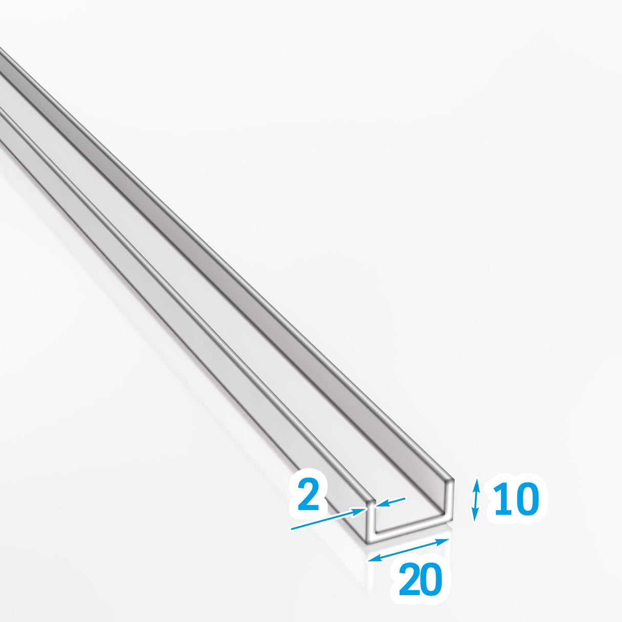 Ceownik aluminiowy 20x10x2 mm z zaznaczonymi wymiarami – PA38 EN AW-6060 T66