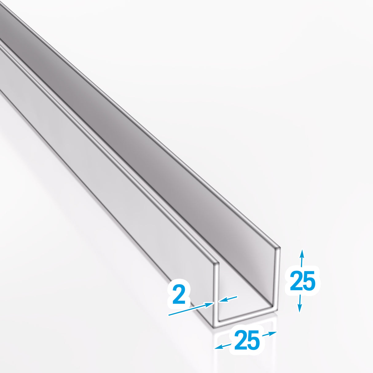 Ceownik aluminiowy 25x25x2 mm z zaznaczonymi wymiarami – PA38 EN AW-6060 T66