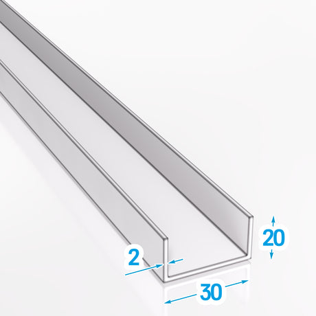 Ceownik aluminiowy 30x20x2 mm z zaznaczonymi wymiarami – PA38 EN AW-6060 T66