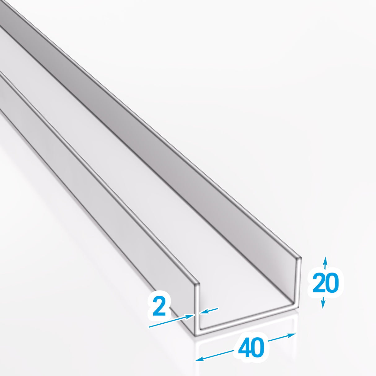 Rysunek techniczny z oznaczonymi wymiarami ceownika aluminiowego 40x20x2 mm 