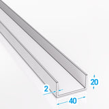 Rysunek techniczny z oznaczonymi wymiarami ceownika aluminiowego 40x20x2 mm 