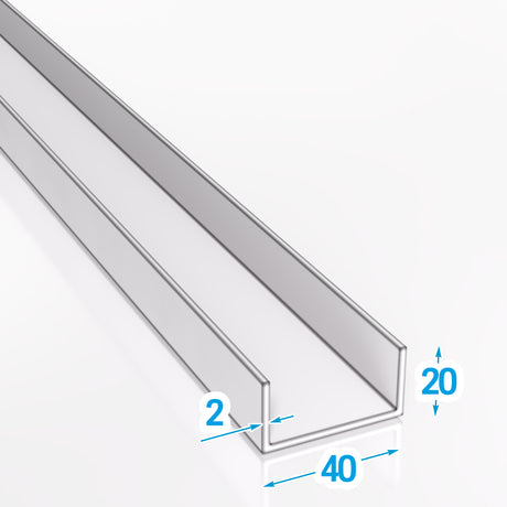 Rysunek techniczny z oznaczonymi wymiarami ceownika aluminiowego 40x20x2 mm 