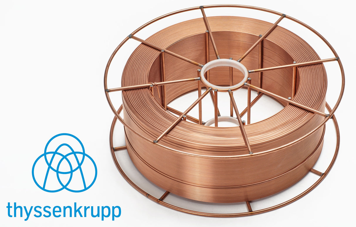 Szpula z drutem spawalniczym JQ.MG50 SG2 fi 1,0 mm, 15 kg – miedziowany drut do MIG/MAG z logo thyssenkrupp
