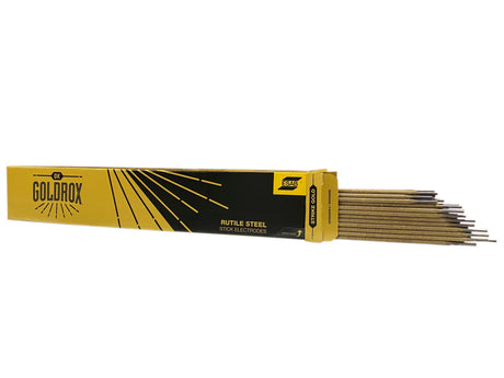Elektrody ESAB GoldRox 2,5 mm ułożone na płasko z widocznym opakowaniem