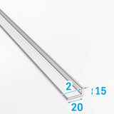 Kątownik aluminiowy 20x15x2 mm PA38 EN AW-6060 z wizualizacją wymiarów technicznych
