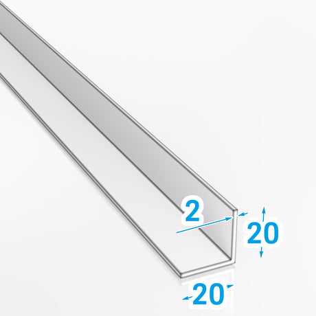 Kątownik aluminiowy 20x20x2 mm PA38 EN AW-6060 z wizualizacją wymiarów