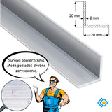 Kątownik aluminiowy 20x20x2 mm PA38 EN AW-6060 z rysunkiem technicznym i informacją o możliwych drobnych zarysowaniach powierzchni