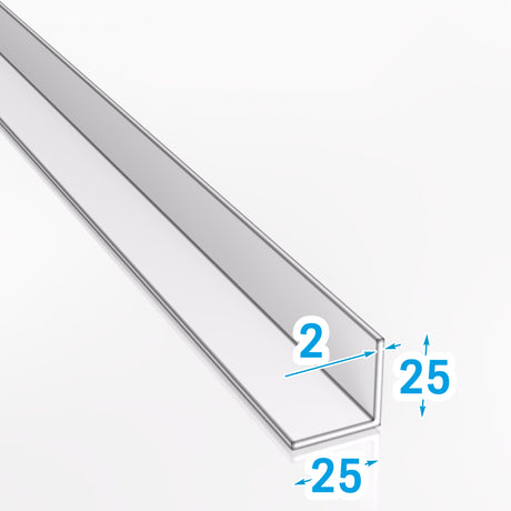 Kątownik aluminiowy 25x25x2 mm PA38 EN AW-6060 z wizualizacją wymiarów technicznych