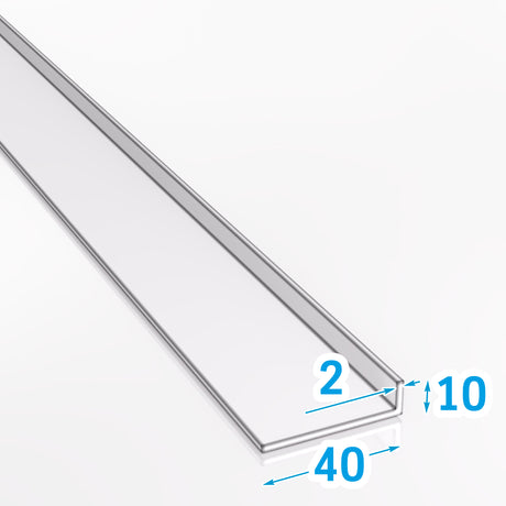 Kątownik aluminiowy 40x10x2 mm PA38 EN AW-6060 z wizualizacją wymiarów technicznych
