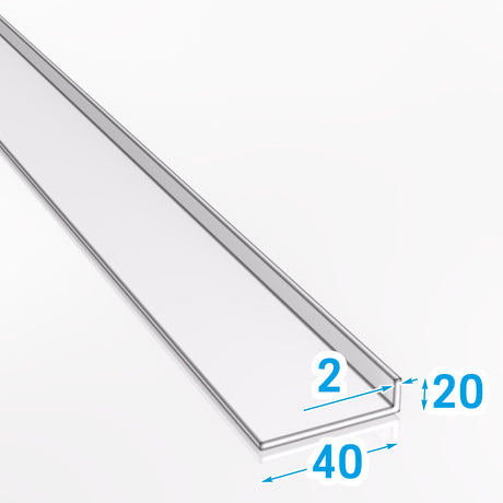 Kątownik aluminiowy 40x20x2 mm PA38 EN AW-6060 z wizualizacją wymiarów technicznych