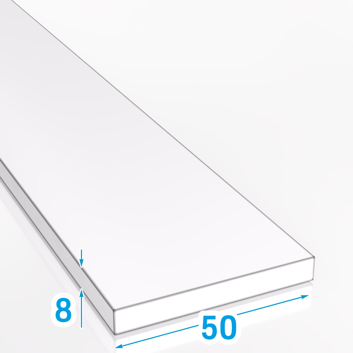 Płaskownik aluminiowy 50x8 mm – rzut z wymiarami szerokości i grubości aluminium PA38 EN AW-6060 T66