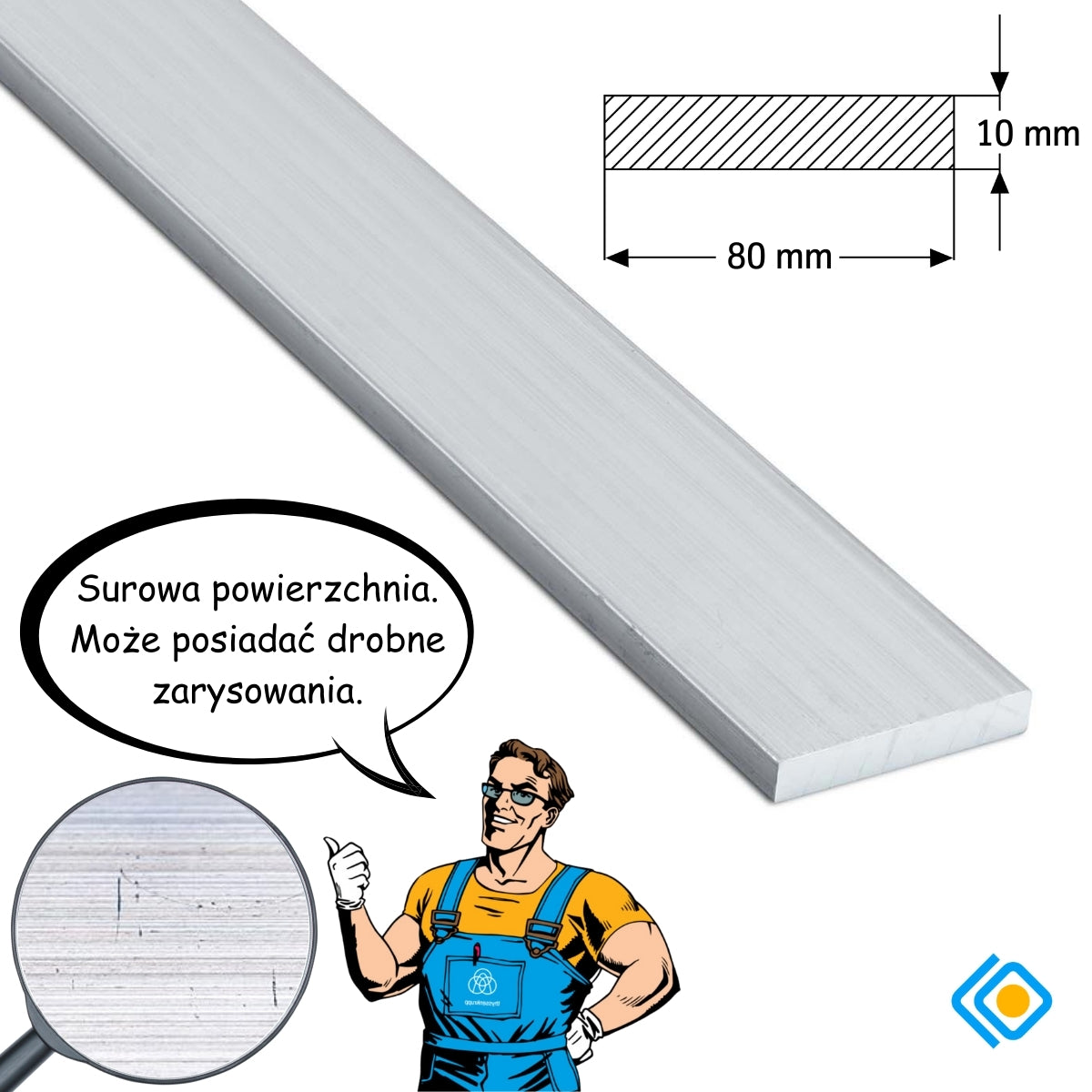 Rysunek techniczny płaskownika aluminiowego 80x10 mm z widokiem przekroju i surowej powierzchni
