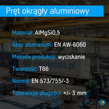 Grafika ze specyfikacją pręta aluminiowego EN AW-6060 – stop AlMgSi0,5, wyciskany, twardość T66, zgodny z normami EN 573 i EN 755-3, tolerancja długości ±3 mm
