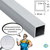 Profil aluminiowy kwadratowy 40x40x3 mm z surową powierzchnią i rysunkiem technicznym – idealny do konstrukcji i spawania