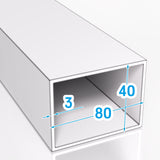 Profil aluminiowy zamknięty o przekroju prostokątnym 80x40 mm i grubości ścianki 3 mm wykonany z aluminium PA38 EN AW-6060 na wizualizacji technicznej oznaczono wymiary w kolorze niebieskim na jasnym tle