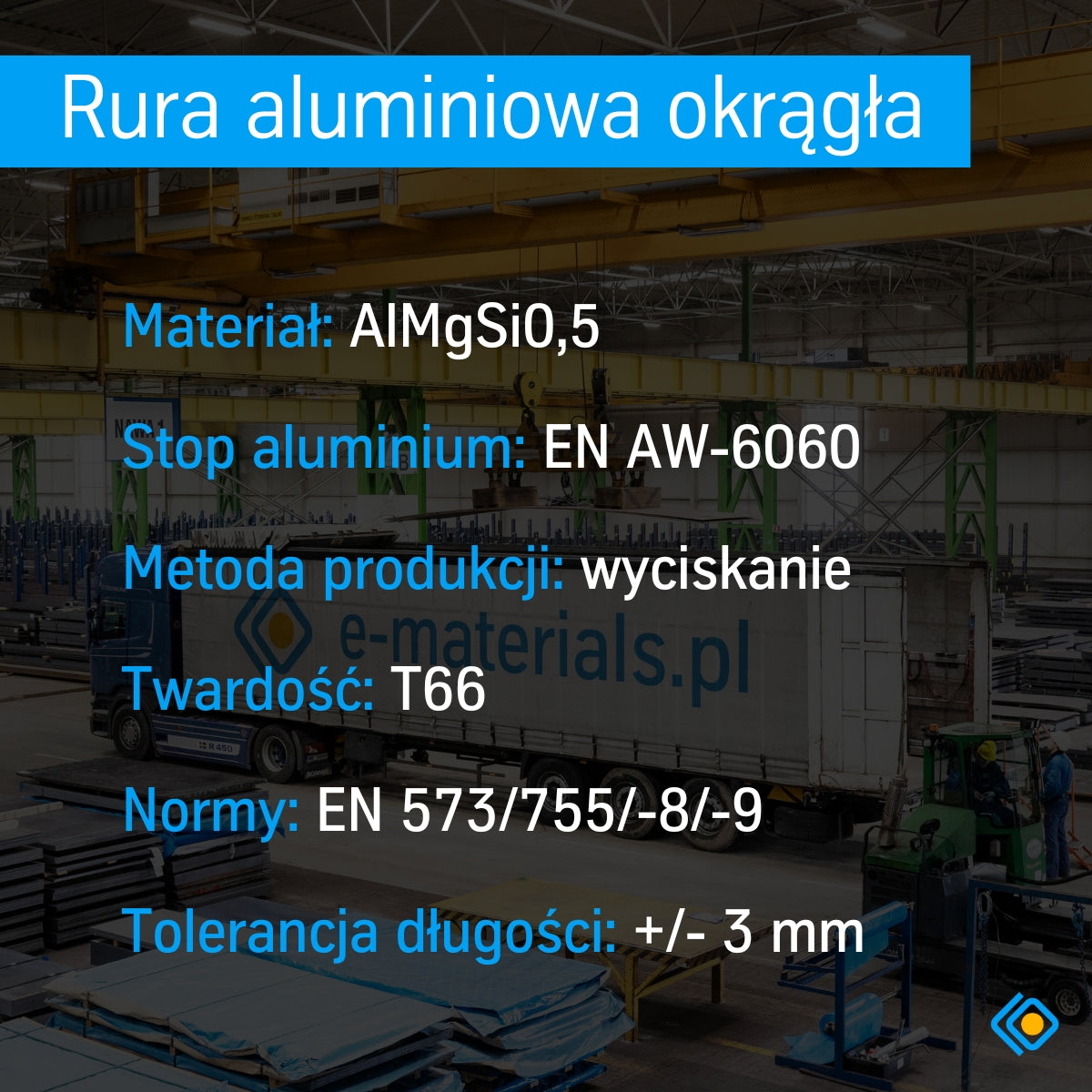 Grafika informacyjna z parametrami rury aluminiowej: materiał AlMgSi0,5, stop EN AW-6060, twardość T66, metody produkcji i normy